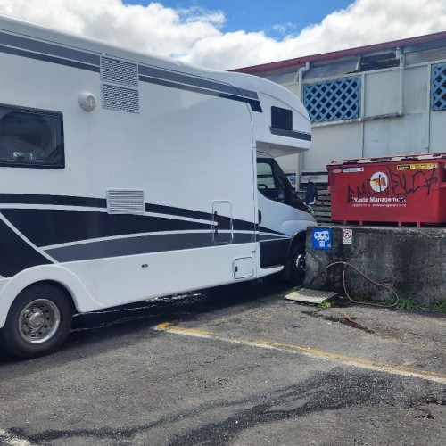 Luckily our waste pipe is right behind the cab. 