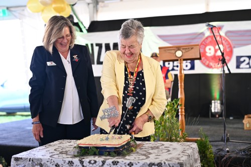 Cutting of the 70th NZMCA birthday cake with NZMCA National Life Member Margaret Spain and NZMCA President Sharron King